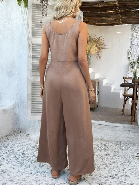 Sleeveless Button Front Knotted Strap Wide Leg Jumpsuit