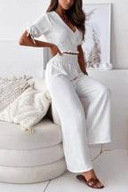 Surplice Short Sleeve V-Nek Top and Pants Set