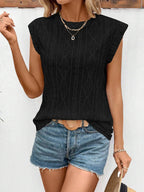 Women's Eyelet Round Neck Cap Sleeve Top