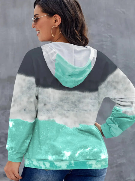 Plus Size Long Sleeve Pullover Colorblock Hoodie