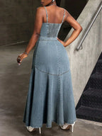 Smocked Button Front Denim Cami Dress