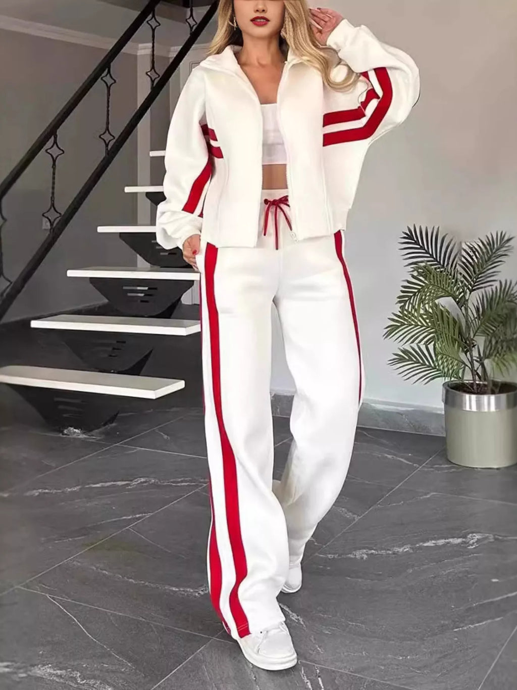 Women Striped Zip Up Outerwear And Pants Set