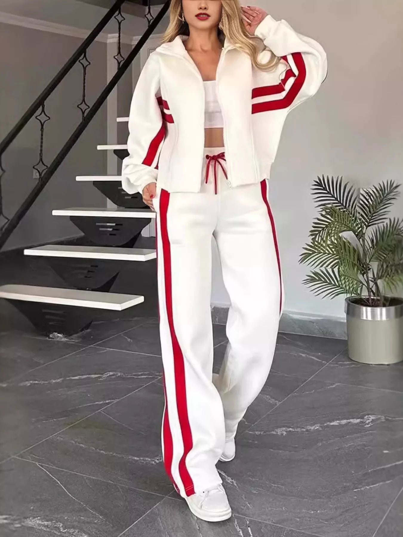 Women Striped Zip Up Outerwear And Pants Set