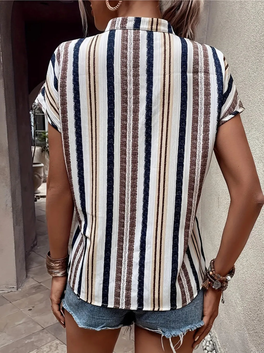 Short Sleeve Striped Notched Top
