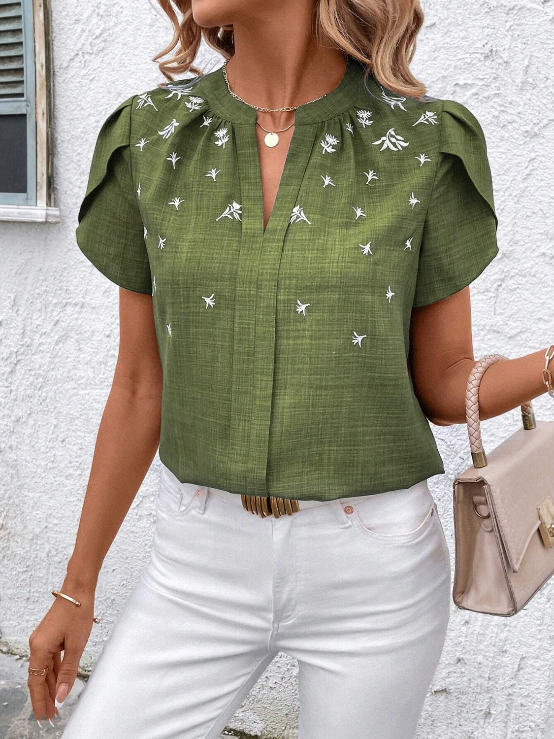 Floral Notched Short Sleeve Blouse