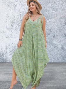 Plus Size Printed V-Neck Wide Leg Jumpsuit