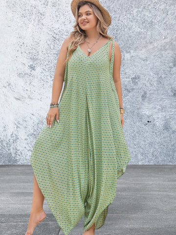 Plus Size Printed V-Neck Wide Leg Jumpsuit