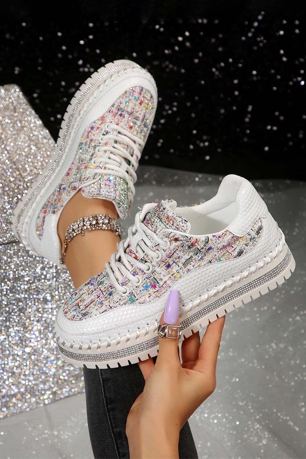 Women Shiny Sequin Thick Sole Sneakers