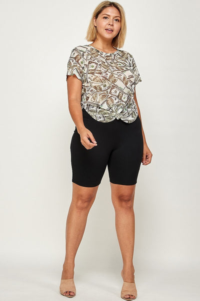 Plus size short sleeve money print mesh top