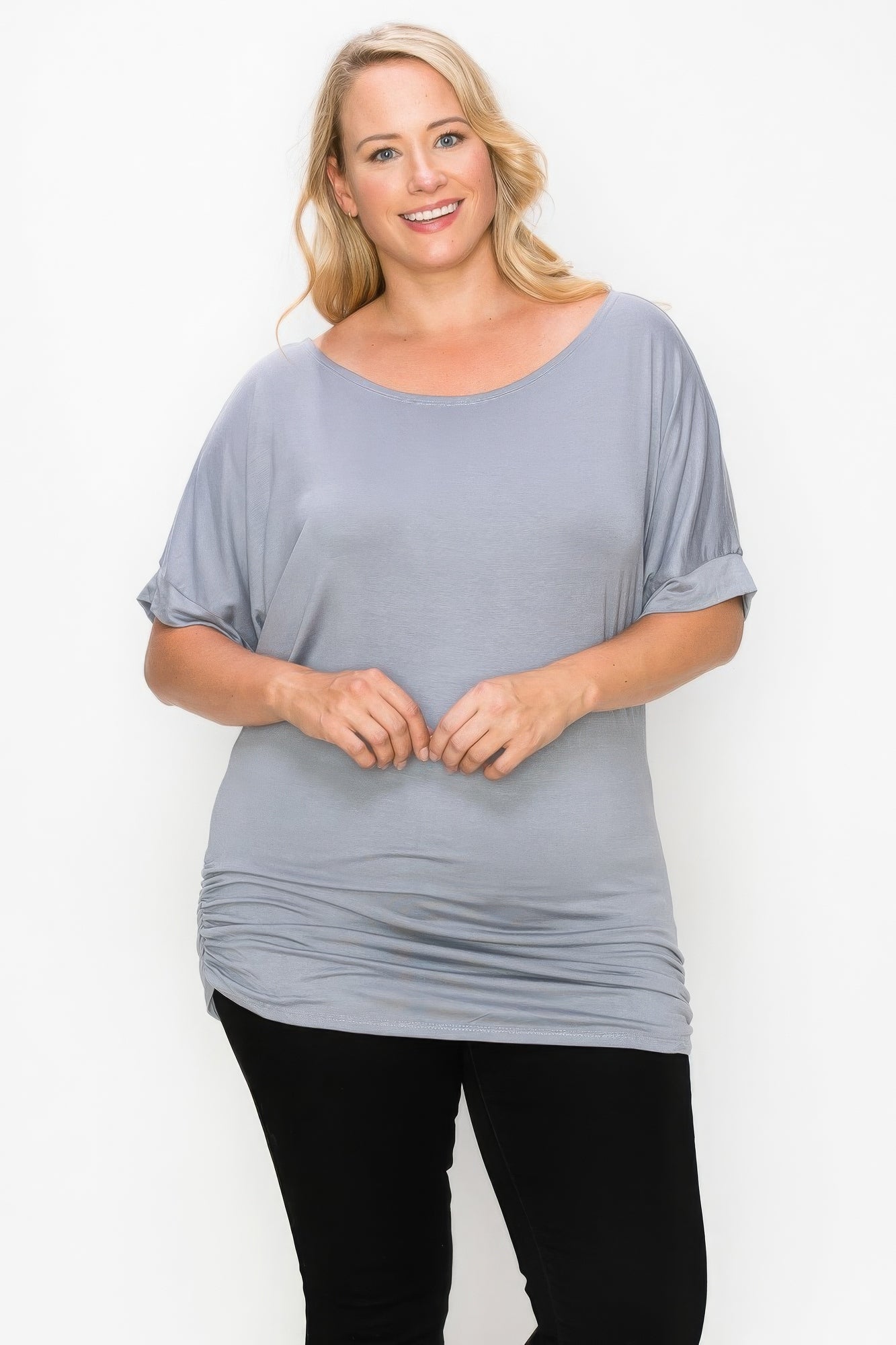 Short Sleeve Round Neck Ruched Sides Plus Size Top
