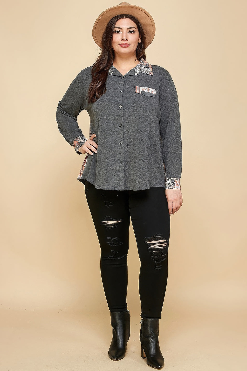 Plus Size Long Sleeve Button Front Shirt