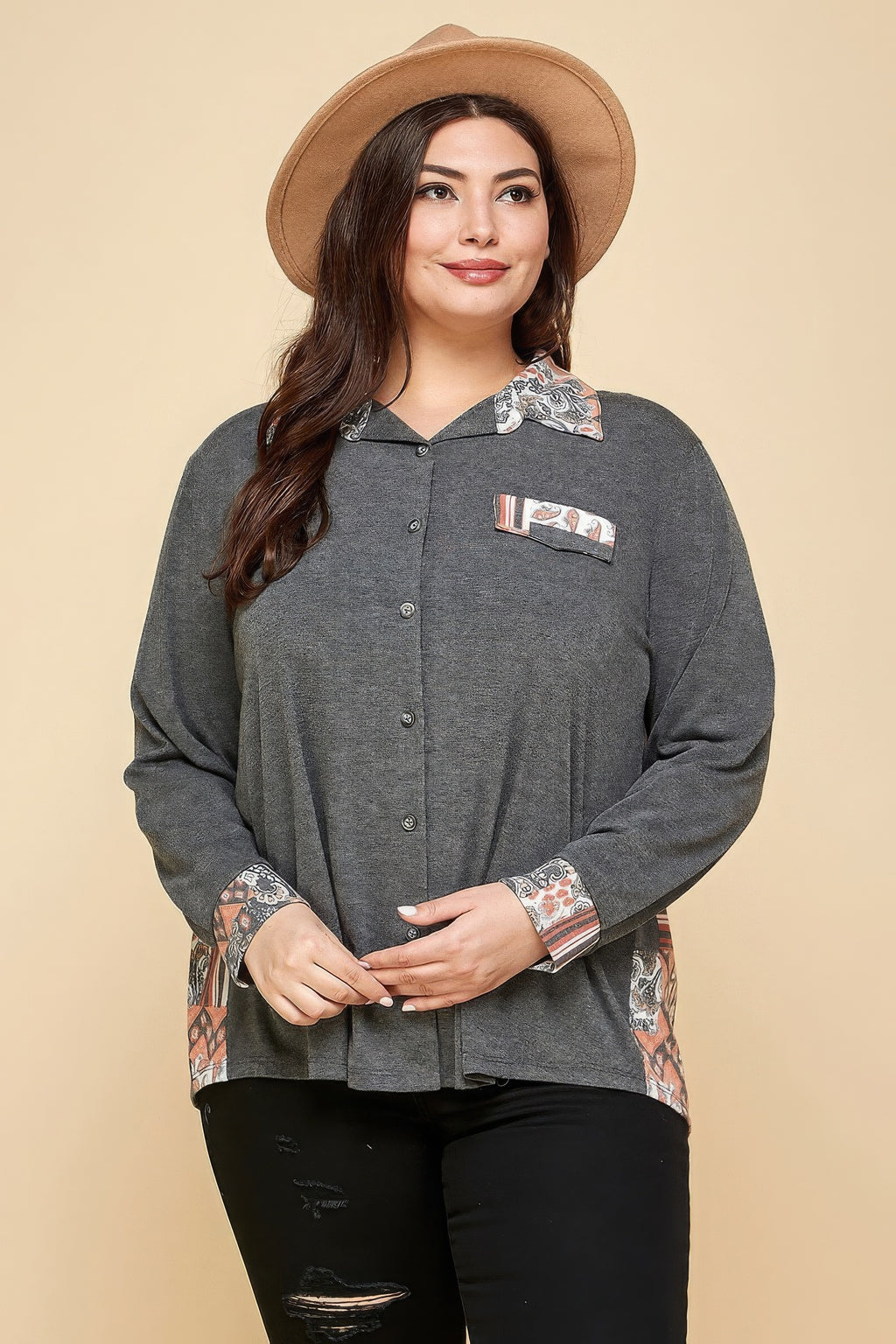 Plus Size Long Sleeve Button Front Shirt