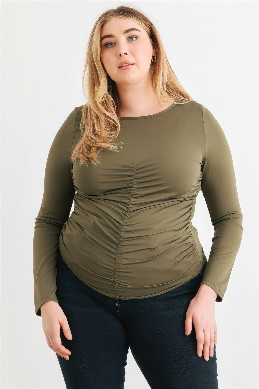 Plus Size Ruched Long Sleeve Round Neck Top