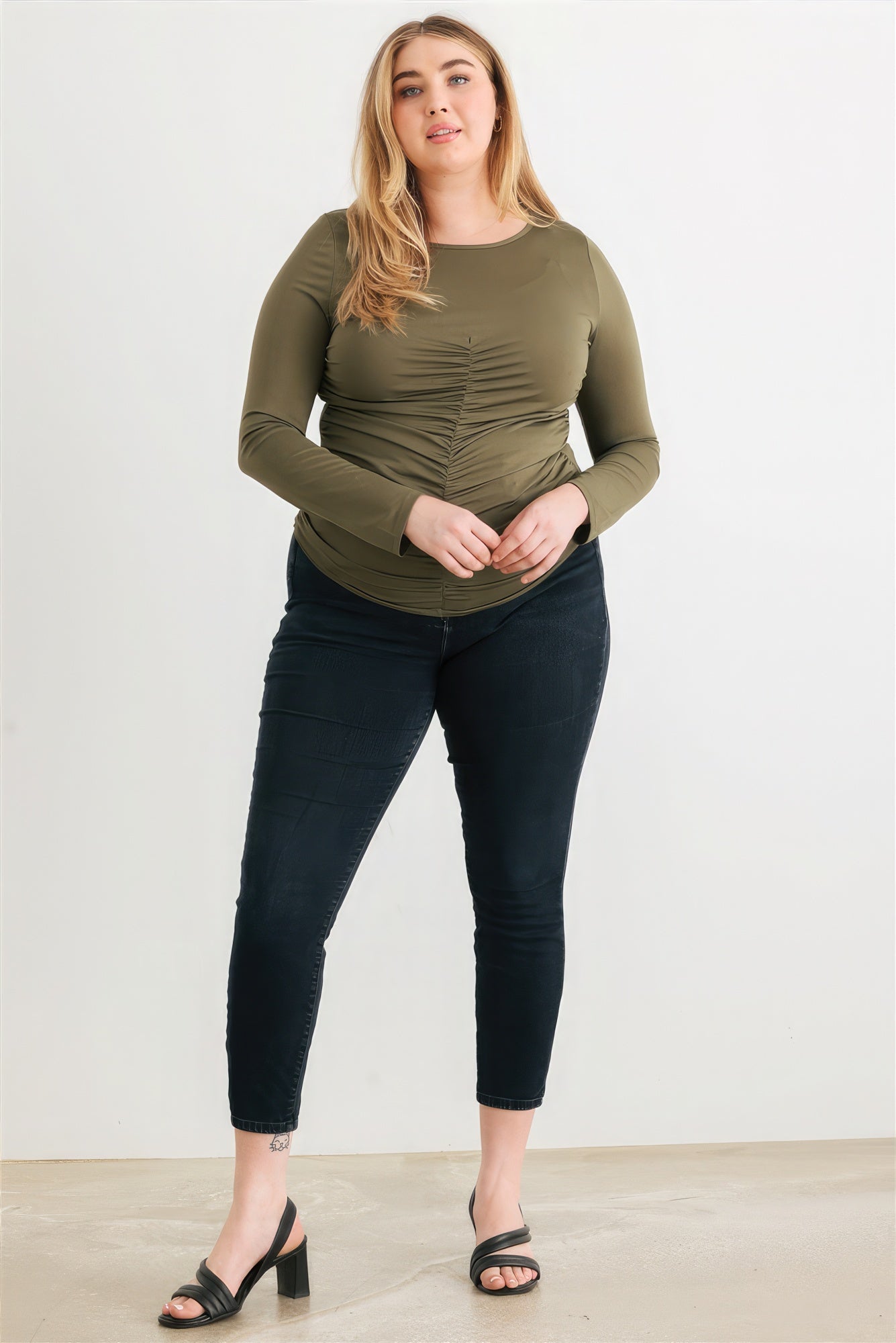 Plus Size Ruched Long Sleeve Round Neck Top