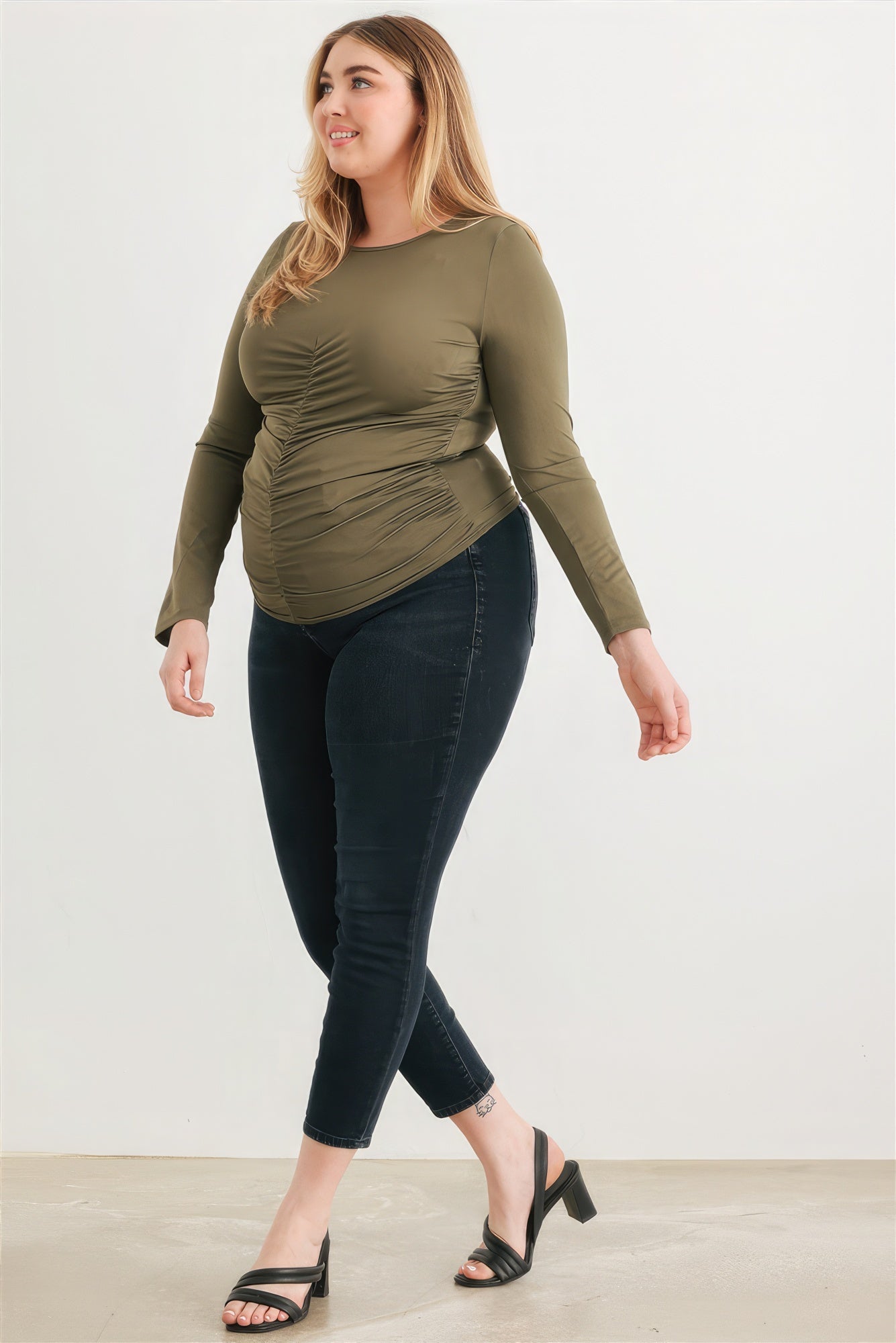 Plus Size Ruched Long Sleeve Round Neck Top