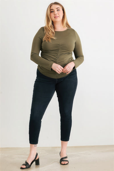 Plus Size Ruched Long Sleeve Round Neck Top