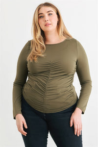 Plus Size Ruched Long Sleeve Round Neck Top