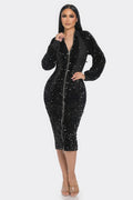 Long Sleeve Zip Up Sequin Contrast Dress