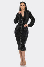 Long Sleeve Zip Up Sequin Contrast Dress