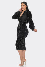 Long Sleeve Zip Up Sequin Contrast Dress
