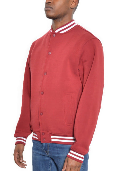 Mens Red Fleece Snap Button Varsity Jacket