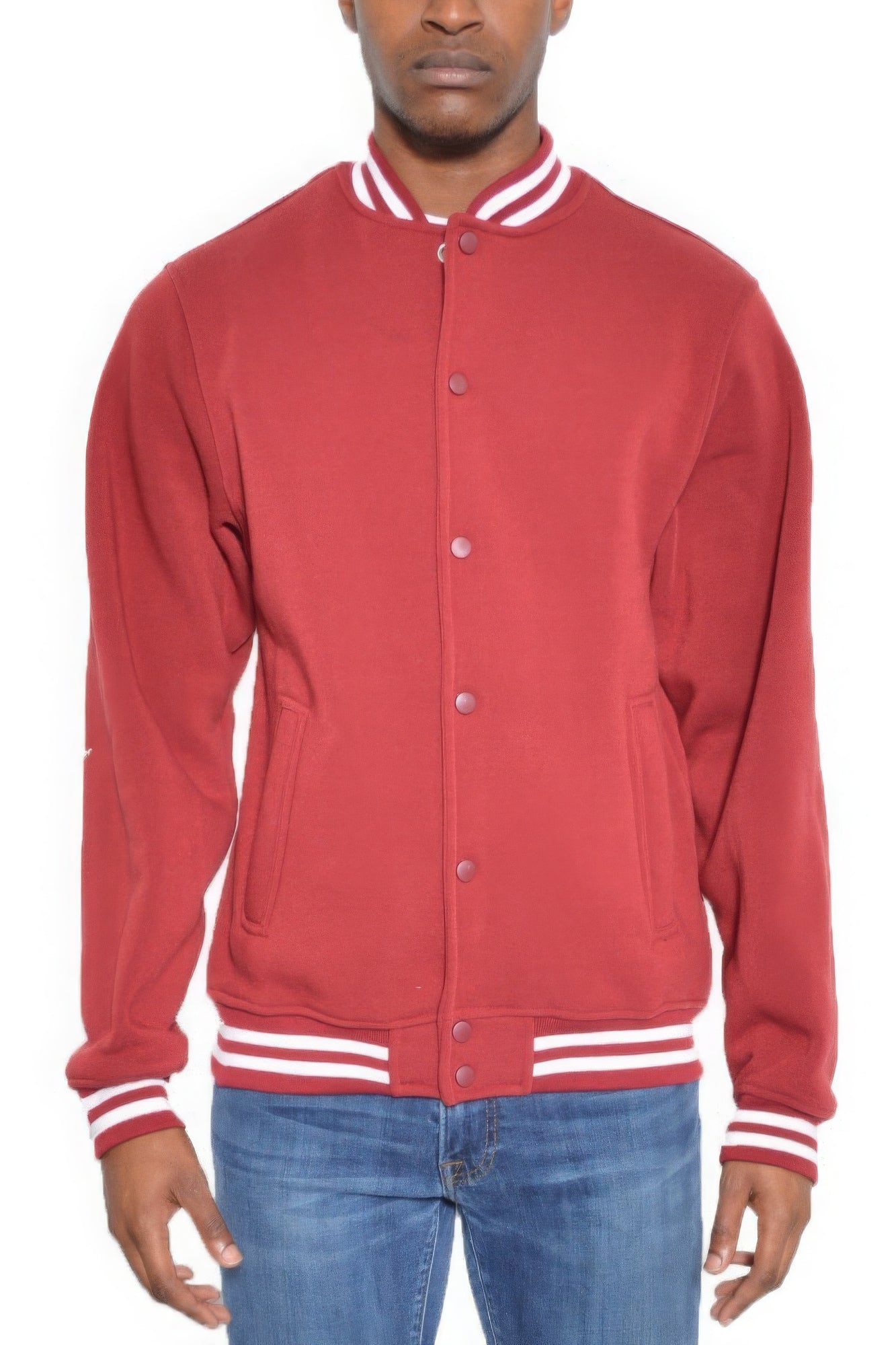 Mens Red Fleece Snap Button Varsity Jacket