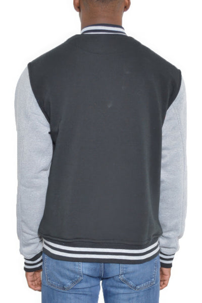 Mens Black/Grey Fleece Snap Button Varsity Jacket