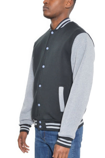 Mens Black/Grey Fleece Snap Button Varsity Jacket