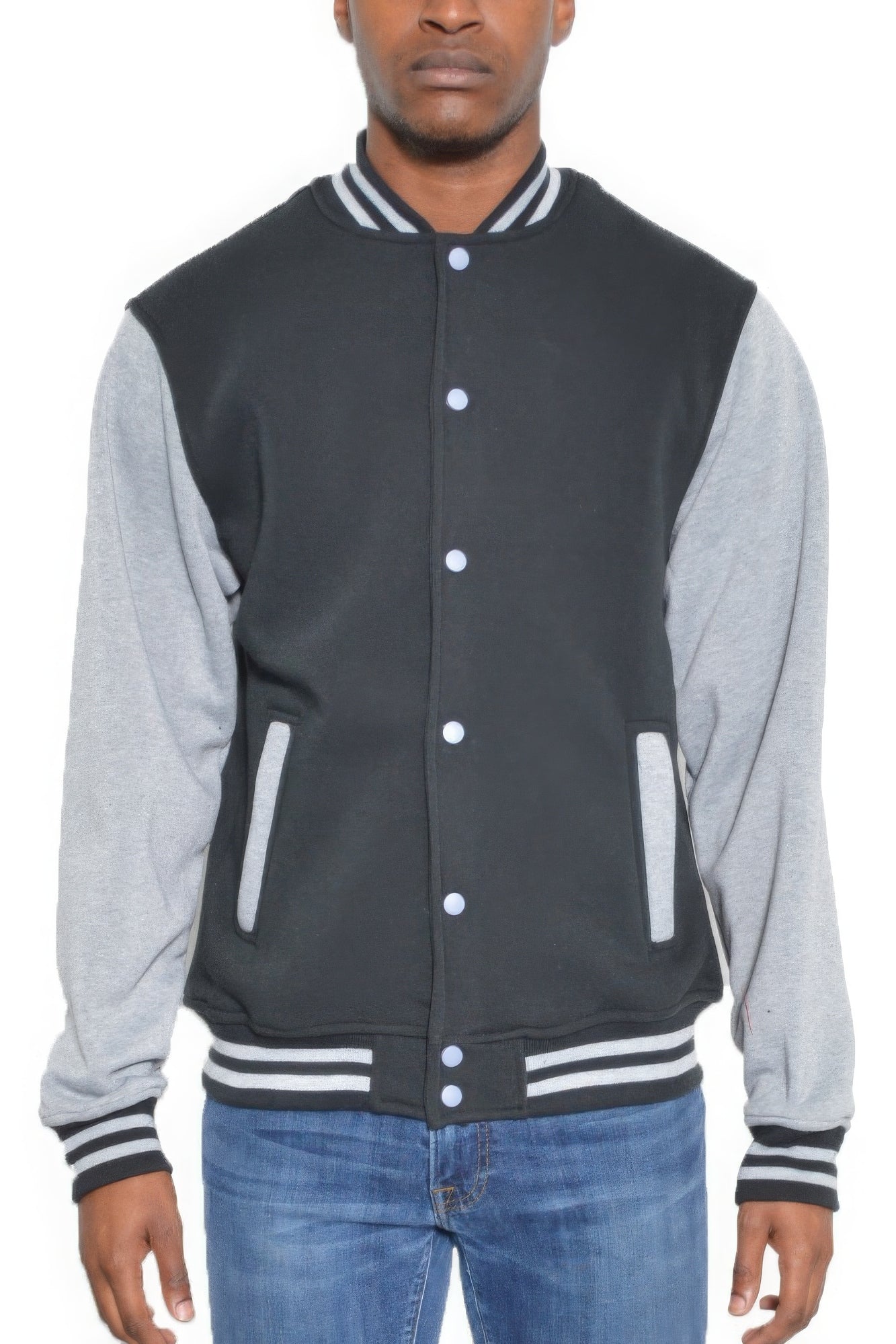 Mens Black/Grey Fleece Snap Button Varsity Jacket