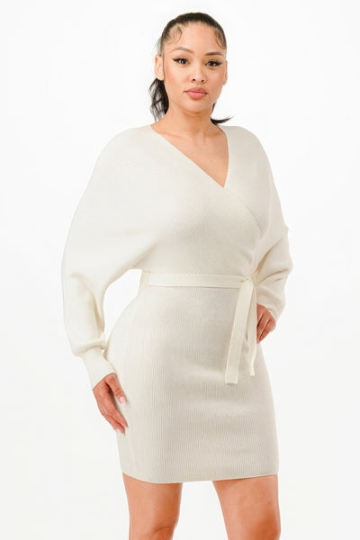 Long Sleeve V Neck Wrap Belted Ribbed Sweater Dress