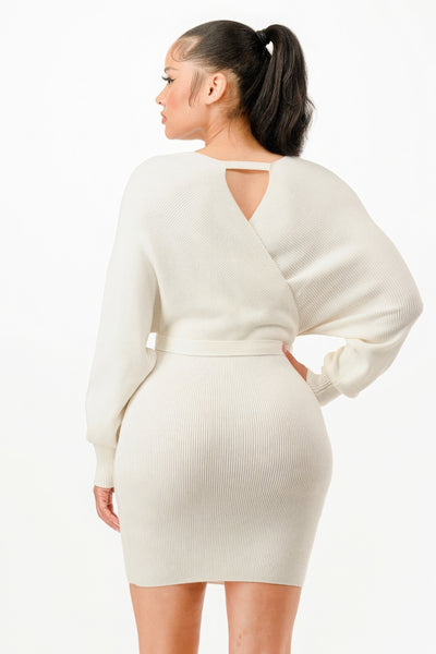 Long Sleeve V Neck Wrap Belted Ribbed Sweater Dress