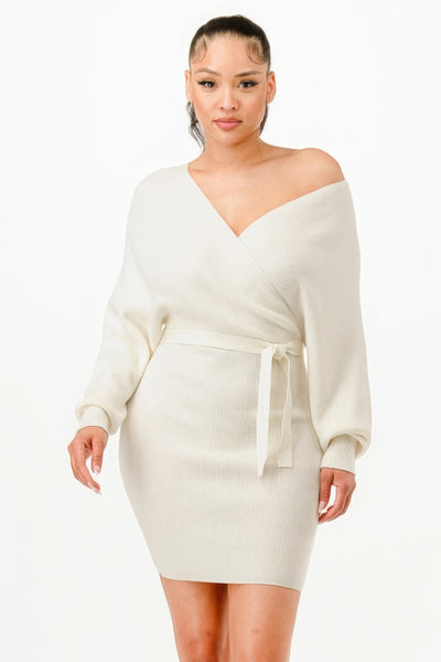 Long Sleeve V Neck Wrap Belted Ribbed Sweater Dress