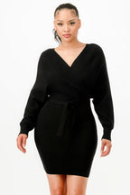 Long Sleeve V Neck Wrap Belted Ribbed Sweather Dress