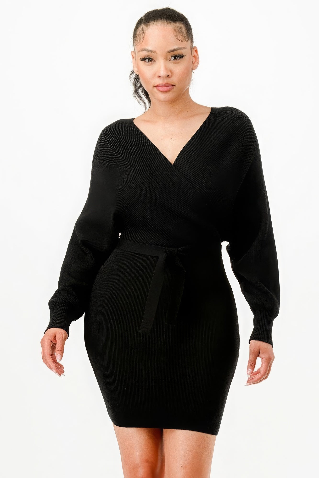 Long Sleeve V Neck Wrap Belted Ribbed Sweather Dress