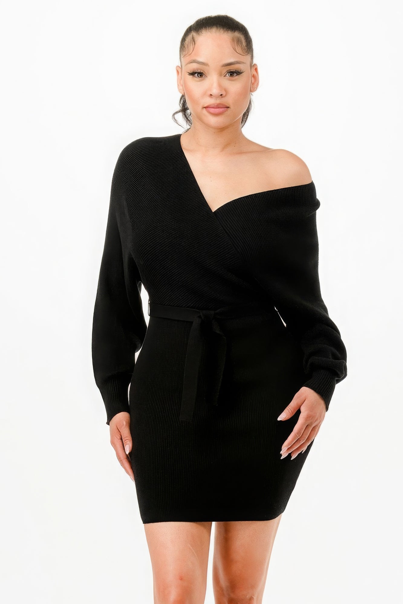 Long Sleeve V Neck Wrap Belted Ribbed Sweather Dress