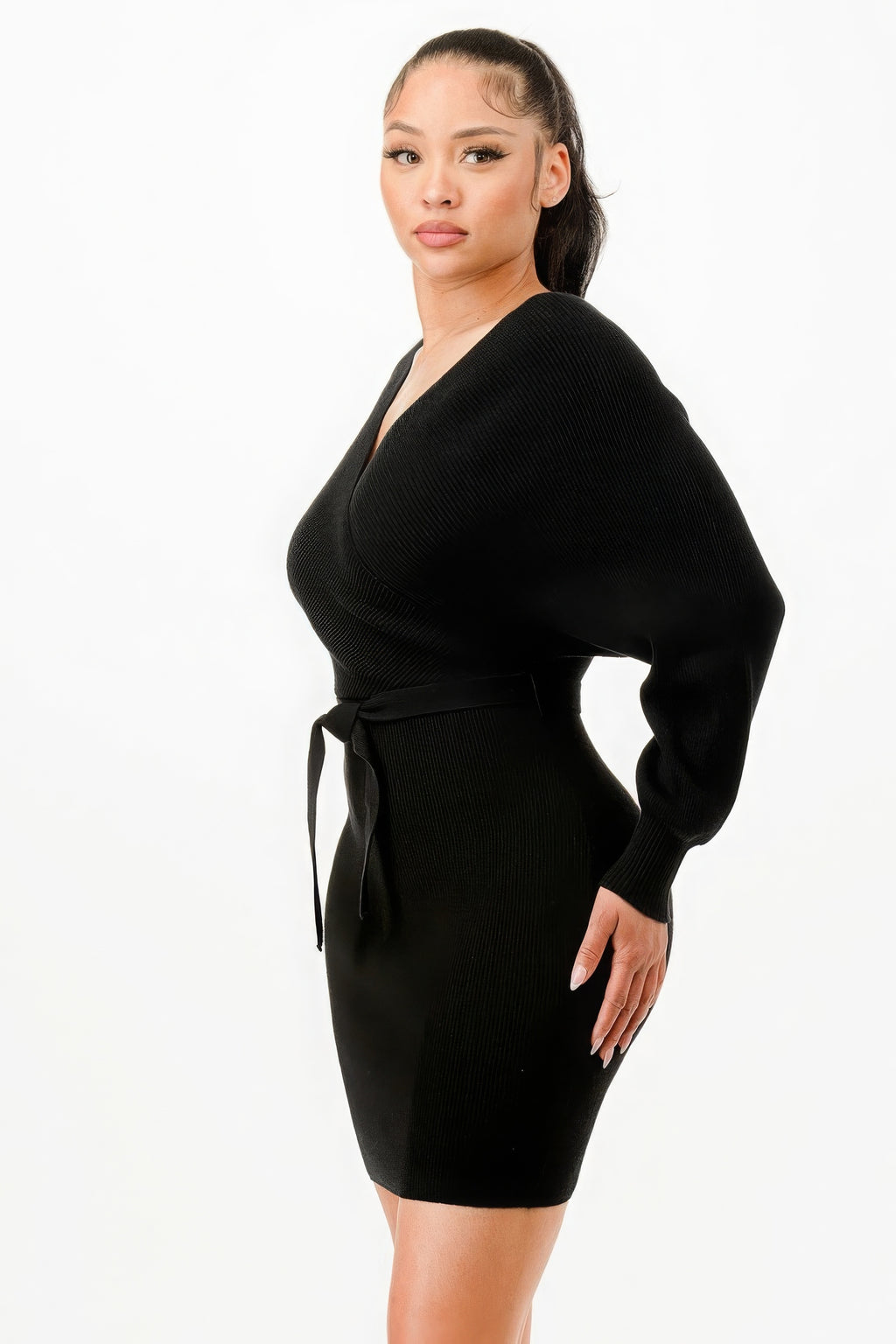 Long Sleeve V Neck Wrap Belted Ribbed Sweather Dress
