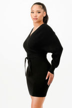 Long Sleeve V Neck Wrap Belted Ribbed Sweather Dress