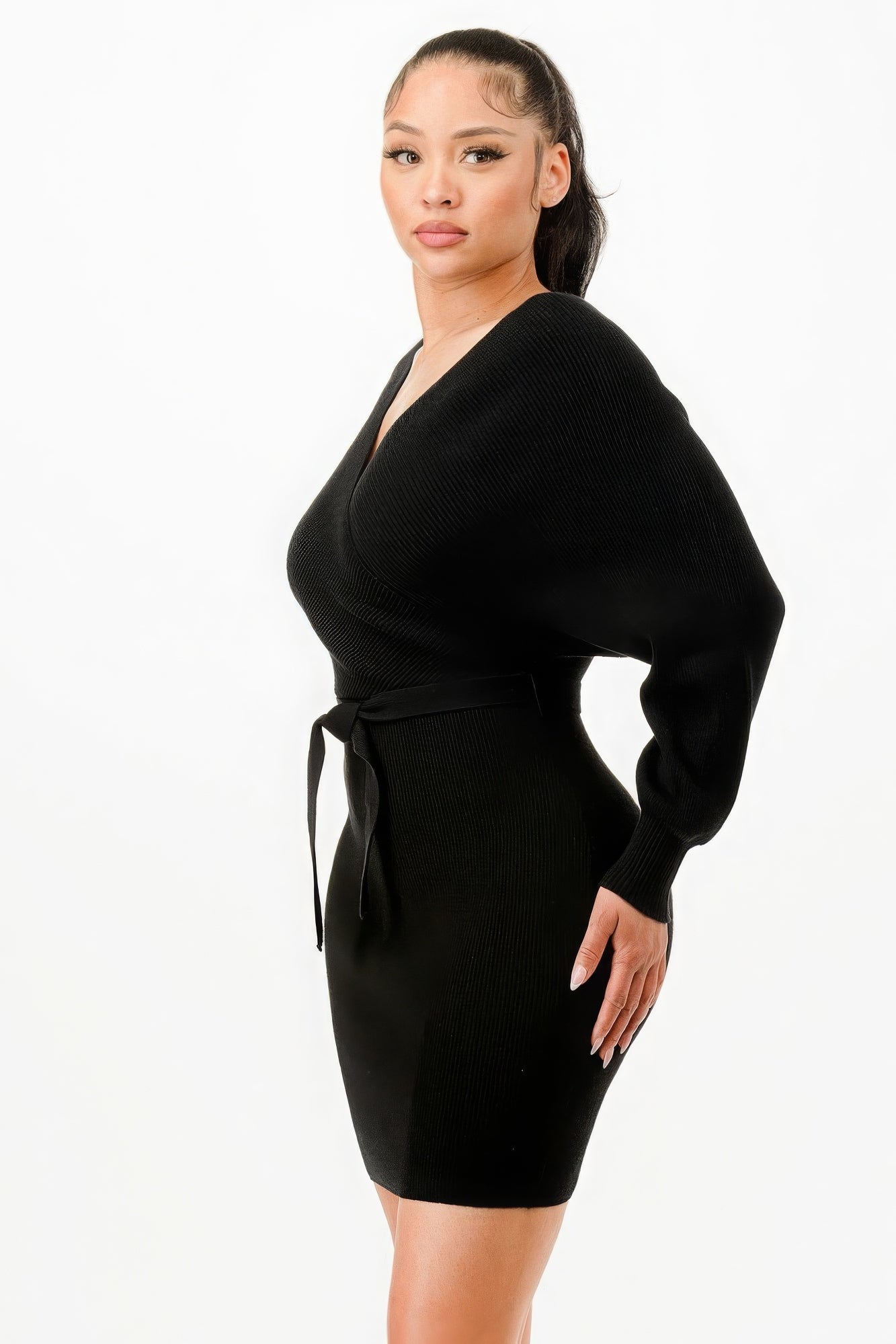 Long Sleeve V Neck Wrap Belted Ribbed Sweather Dress