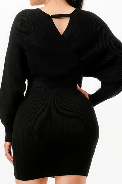 Long Sleeve V Neck Wrap Belted Ribbed Sweater Dress