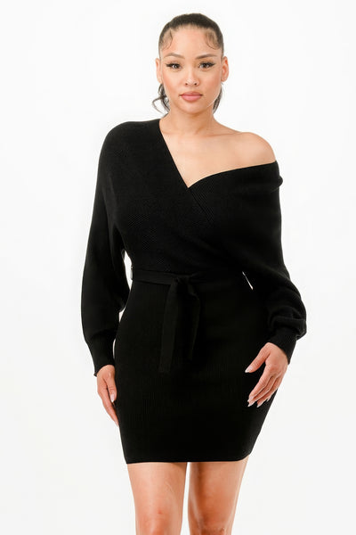 Long Sleeve V Neck Wrap Belted Ribbed Sweater Dress
