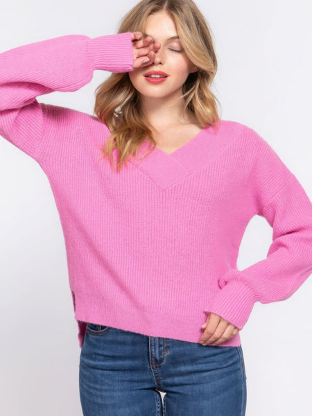 Long Sleeve Feminine Pink V-neck Sweater