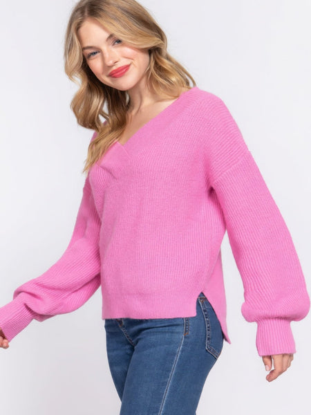 Long Sleeve Feminine Pink V-neck Sweater