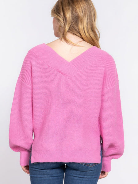 Long Sleeve Feminine Pink V-neck Sweater