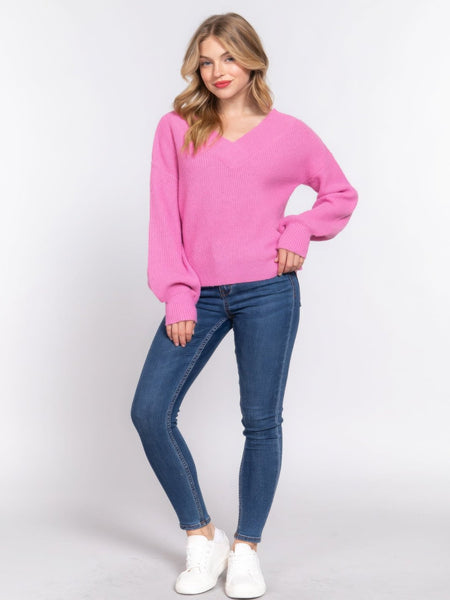 Long Sleeve Feminine Pink V-neck Sweater