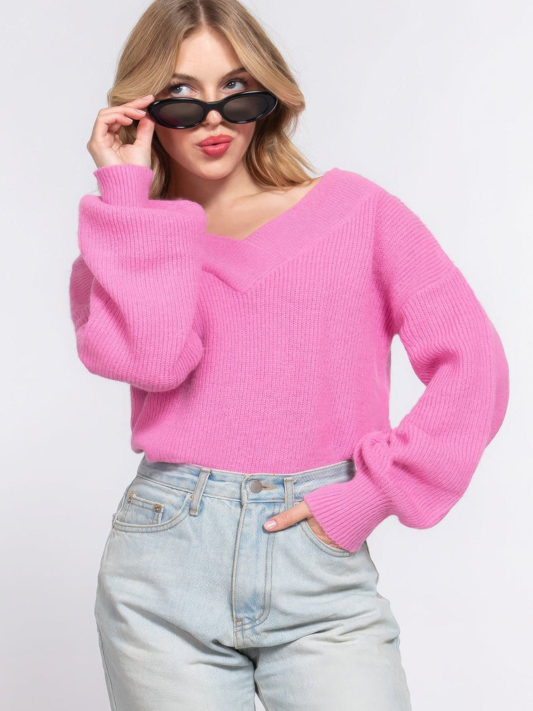 Long Sleeve Feminine Pink V-neck Sweater