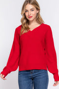 Long Sleeve Double V-neck Red Sweater