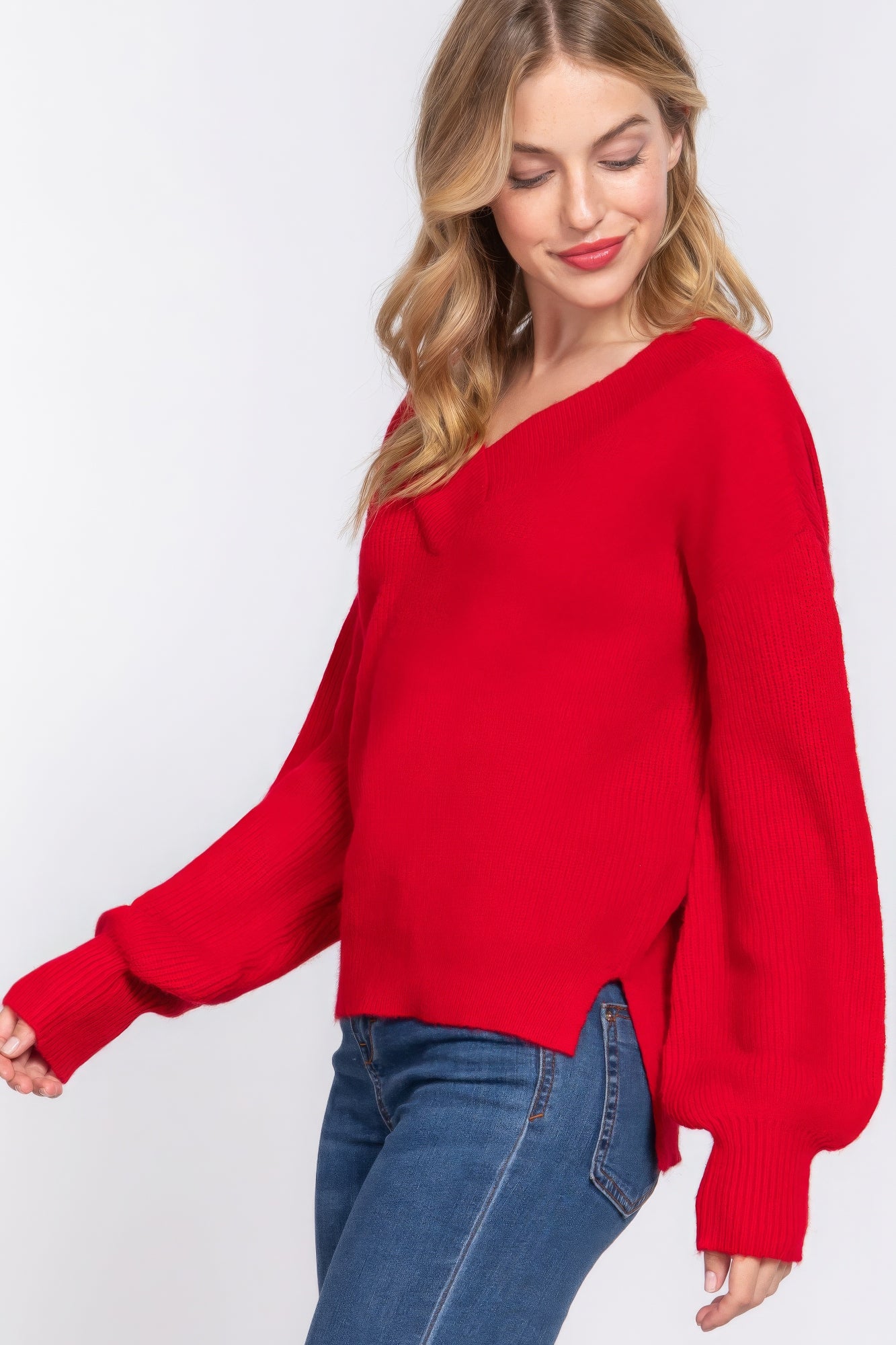 Long Sleeve Double V-neck Red Sweater