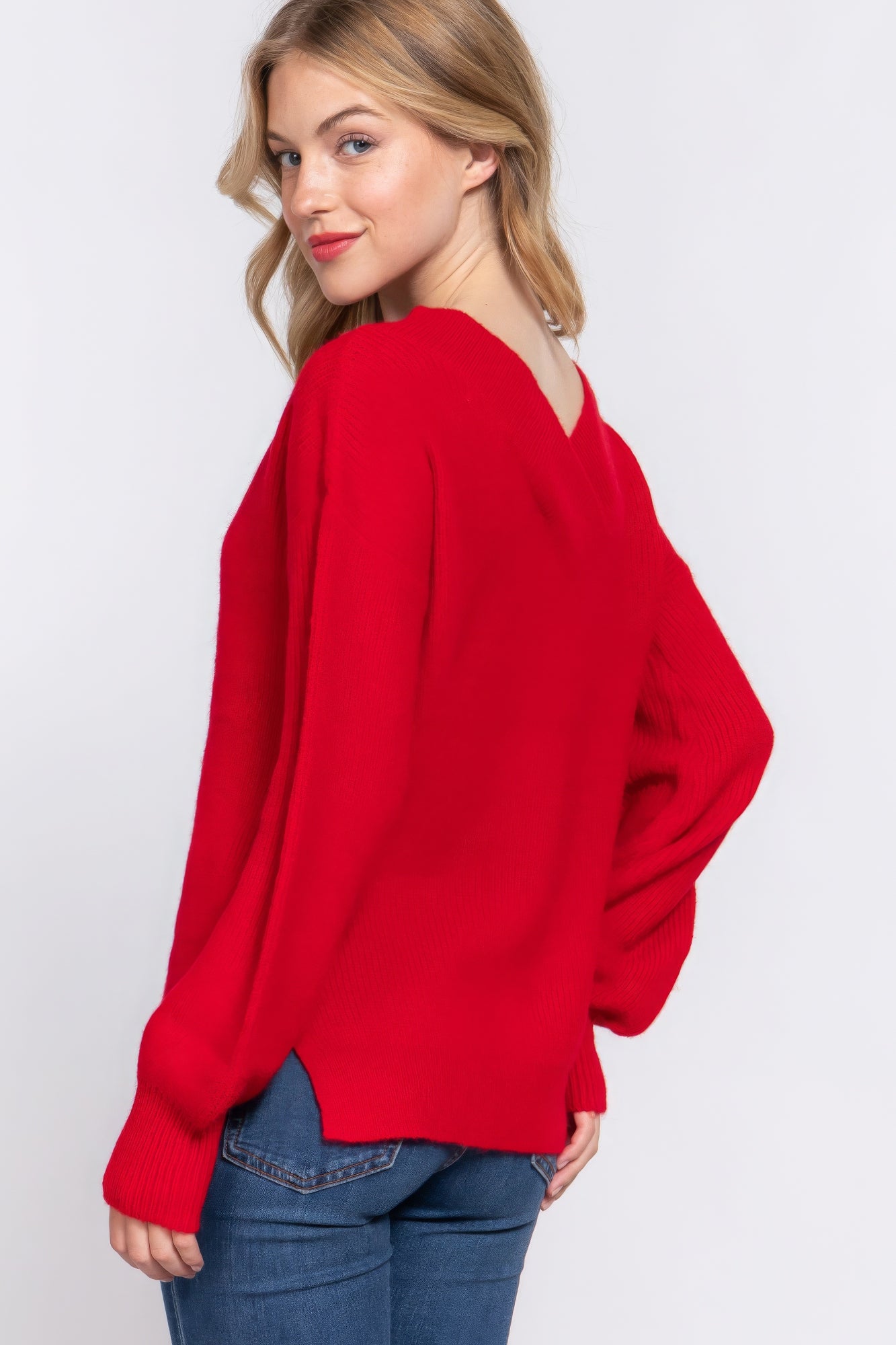 Long Sleeve Double V-neck Red Sweater