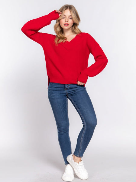 Vibrant Red Long Sleeve V-neck Sweater