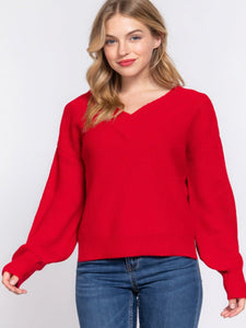 Vibrant Red Long Sleeve V-neck Sweater